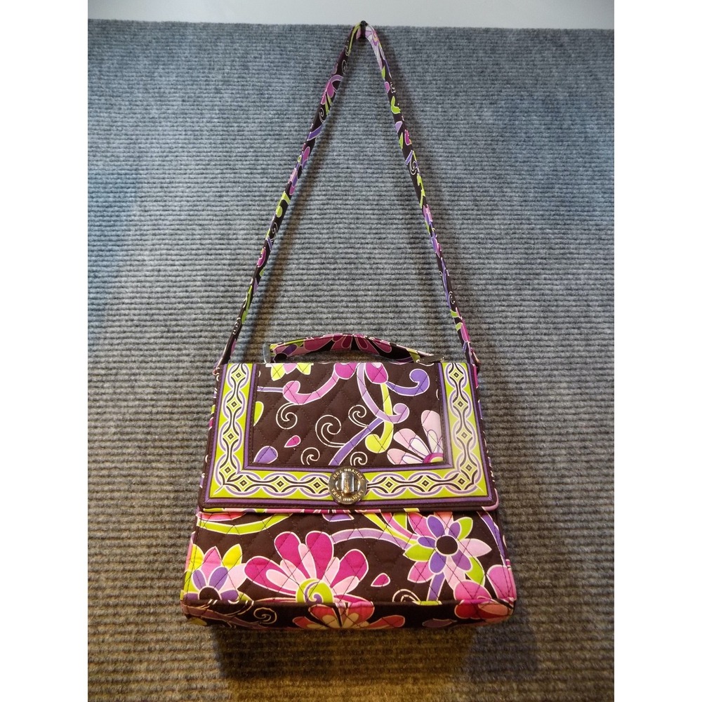 Vera Bradley Plum Petals Quilted Cotton Shoulder Bag Floral Turn Lock Brown Pink